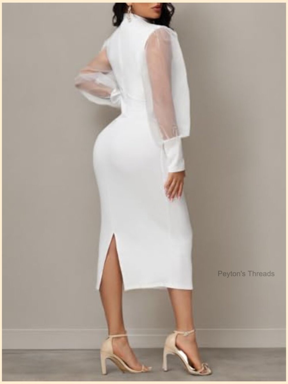 Sheer Mesh Bodycon Midi Dress with Puff Lantern Sleeves and Zipper - Picture 5 of 7